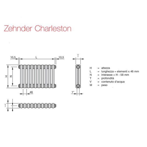 Misure radiatore serie CHARLESTON Zehnder